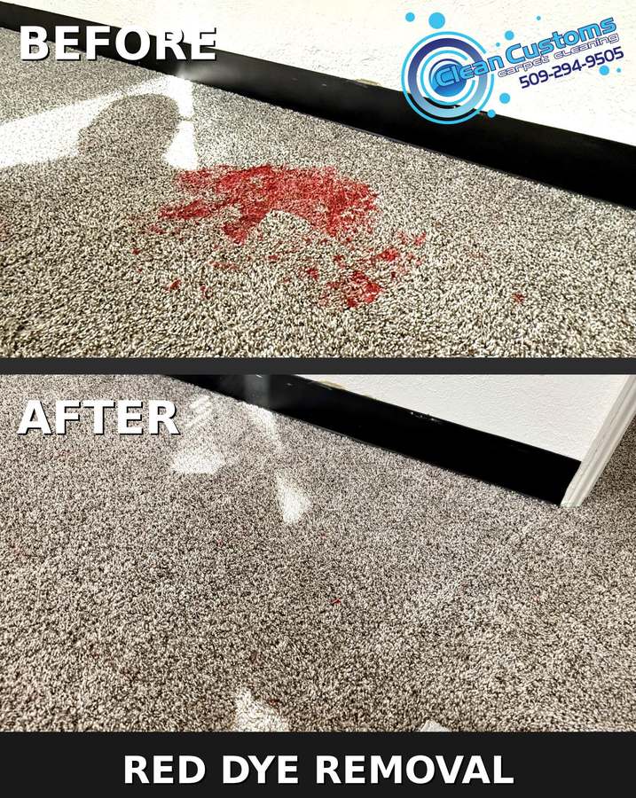 Red Jello dye stain removed from carpet — before and after by Clean Customs Spokane